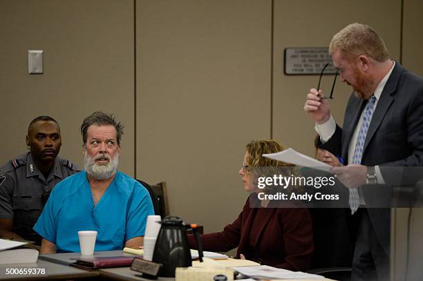 December 09: Robert Dear Jr. Glares at his attorney Daniel King during an outburst in court on December 09, 2015 where El Paso County prosecutors...