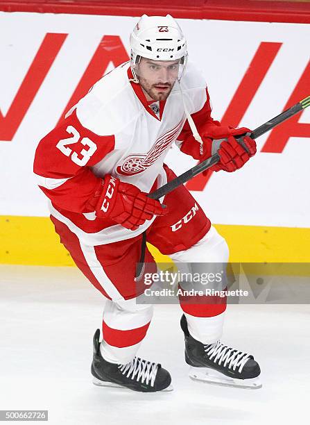 Brian Lashoff of the Detroit Red Wings warms up before the game against the Montreal Canadiens at the Bell Centre on October 21, 2014 in Montreal,...