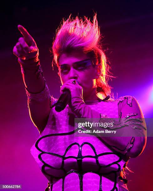 Peaches, born Merrill Beth Nisker, performs during a concert at Huxleys Neue Welt on December 9, 2015 in Berlin, Germany.