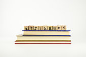 Afrikaans language word on wood stamps and books