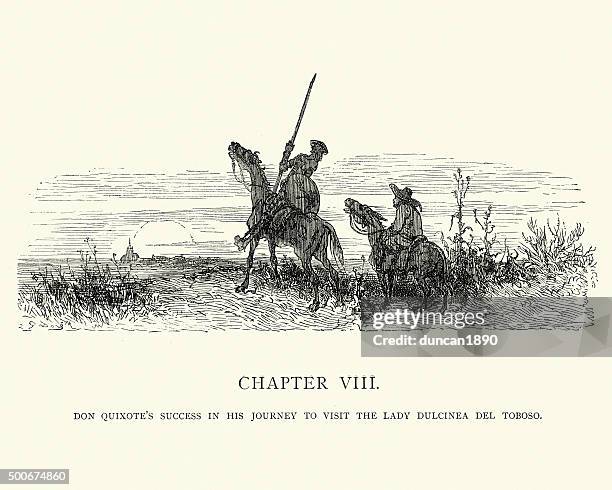 illustrations, cliparts, dessins animés et icônes de don quichotte de succès dans son voyage à visiter lady dulcinea - gustave-dore-caricatures-gustave-dore