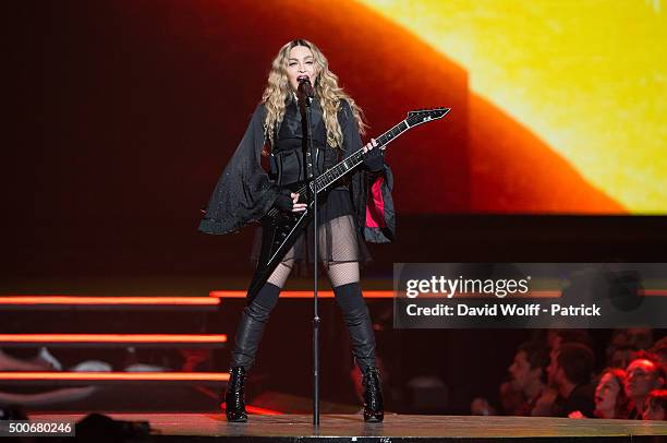 Madonna performs at AccorHotels Arena on December 9, 2015 in Paris, France.