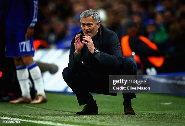 Jose Mourinho manager of Chelsea reacts during the UEFA Champions League Group G match between Chelsea FC and FC Porto at Stamford Bridge on December...