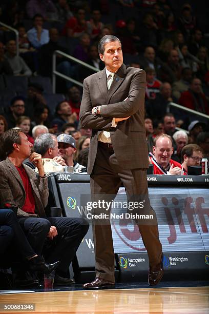 Head Coach Randy Wittman of the Washington Wizards looks on during the game against the Houston Rockets on December 9, 2015 at Verizon Center in...