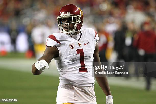 Darreus Rogers of the USC Trojans setting up on the line against the Stanford Cardinal during a 41-22 Stanford win at the PAC-12 Championship game at...