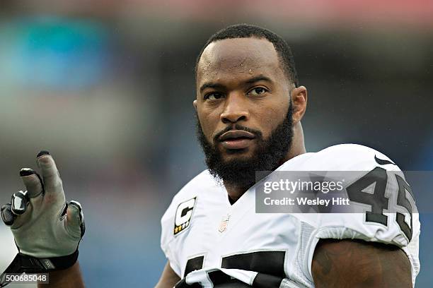 Marcel Reece of the Oakland Raiders on the sidelines during a game against the Tennessee Titans at Nissan Stadium on November 29, 2015 in Nashville,...