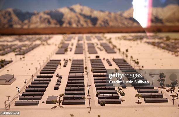 View of a scale model of the Manzanar War Relocation Center is displayed at Manzanar National Historic Site on December 9, 2015 near Independence,...