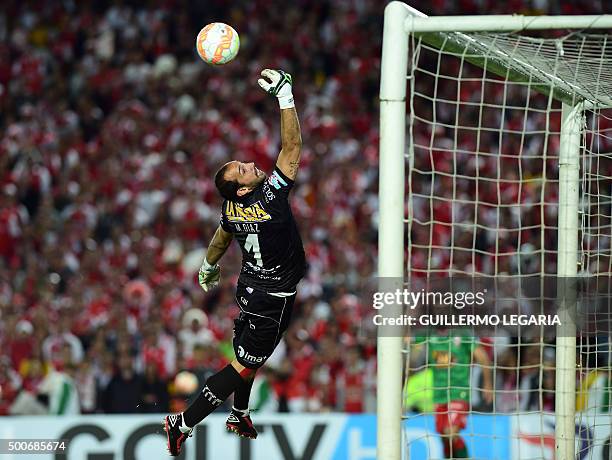 Action of Marcos Diaz of Argentina's Huracan during the Sudamericana Cup final football match against Colombia's Santa Fe , at El Campin stadium, in...