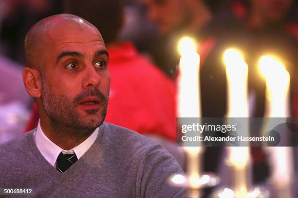 Josep Guardiola, head coach of Bayern Muenchen looks on at the Champions Banquet after the UEFA Champions League Group F match between GNK Dinamo...