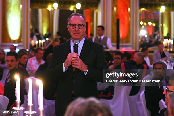Karl-Heinz Rummenigge, CEO of FC Bayern Muenchen speaks at the Champions Banquet after the UEFA Champions League Group F match between GNK Dinamo...