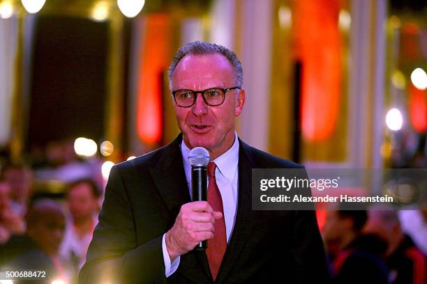 Karl-Heinz Rummenigge, CEO of FC Bayern Muenchen speaks at the Champions Banquet after the UEFA Champions League Group F match between GNK Dinamo...
