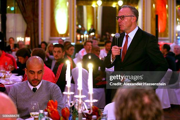 Karl-Heinz Rummenigge, CEO of FC Bayern Muenchen speaks at the Champions Banquet after the UEFA Champions League Group F match between GNK Dinamo...