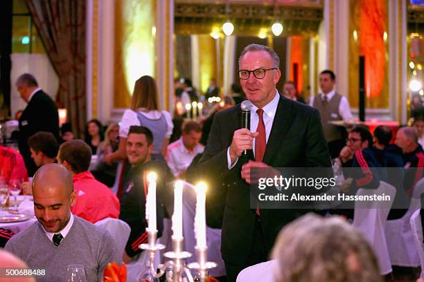 Karl-Heinz Rummenigge, CEO of FC Bayern Muenchen speaks at the Champions Banquet after the UEFA Champions League Group F match between GNK Dinamo...