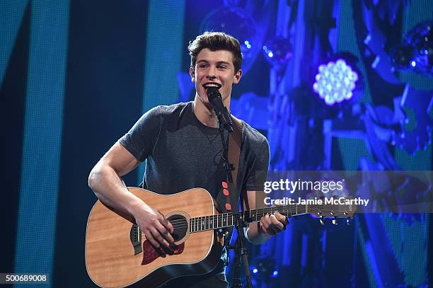 Musician Shawn Mendes performs onstage during Q102's Jingle Ball 2015 presented by Capital One at Wells Fargo Center on December 9, 2015 in...