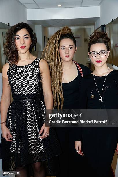 Trio L.E.J attend 'Vivement Dimanche' French TV Show at Pavillon Gabriel on December 9, 2015 in Paris, France.