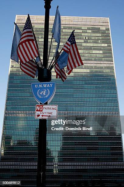 The United Nations and the American Flag fly in front of the United Nations headquaters on August 05, 2015 in New York City. The complex has served...