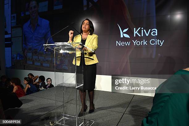 Agueda Calzado speaks onstage at the Kiva NYC launch event at the IAC Building on December 9, 2015 in New York City.