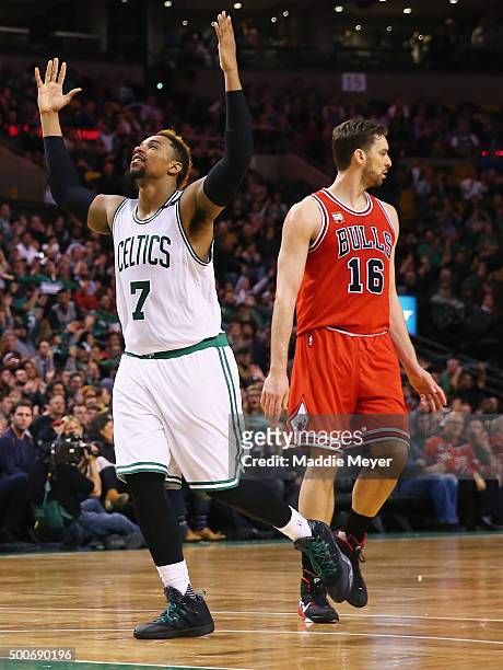 Jared Sullinger of the Boston Celtics reacts after scoring against the Chicago Bulls during the second half at TD Garden on December 9, 2015 in...