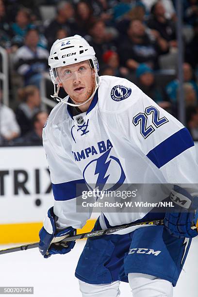 Erik Condra of the Tampa Bay Lightning faces off against the San Jose Sharks at SAP Center on December 5, 2015 in San Jose, California.