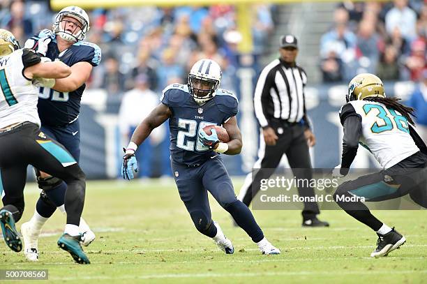 Running back Antonio Andrews of the Tennessee Titans carries the ball during a NFL game against the Jacksonville Jaguars at Nissan Stadium on...