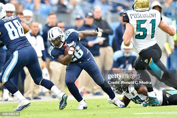Running back Antonio Andrews of the Tennessee Titans carries the ball during a NFL game against the Jacksonville Jaguars at Nissan Stadium on...