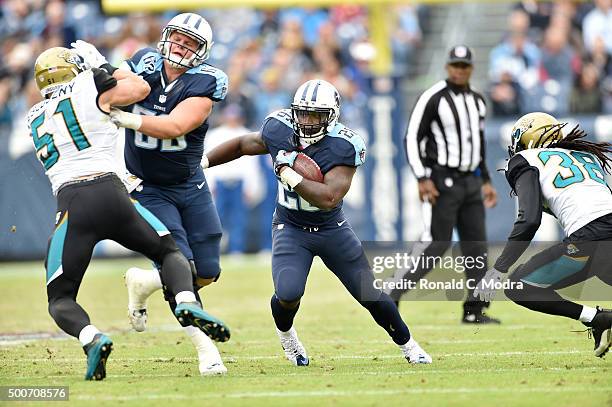 Running back Antonio Andrews of the Tennessee Titans carries the ball during a NFL game against the Jacksonville Jaguars at Nissan Stadium on...