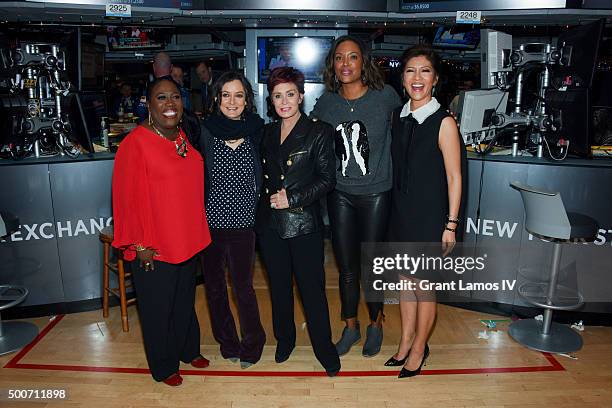 Sheryl Underwood, Sara Gilbert, Sharon Osbourne, Aisha Tyler and Julie Chen of CBS' 'The Talk' ring the closing bell at the New York Stock Exchange...