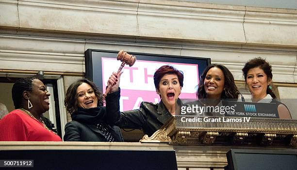 Sheryl Underwood, Sara Gilbert, Sharon Osbourne, Aisha Tyler and Julie Chen of CBS' 'The Talk' ring the closing bell at the New York Stock Exchange...