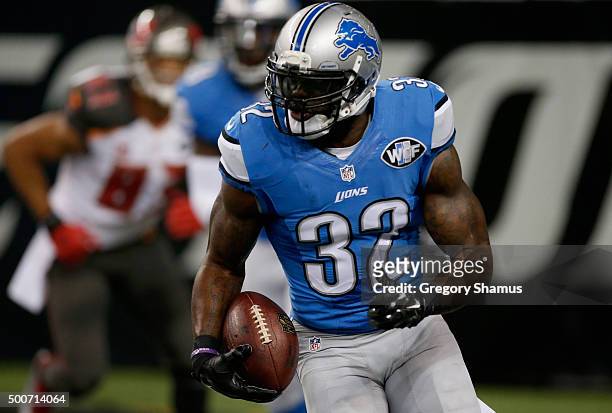 James Ihedigbo of the Detroit Lions looks for an opening up field while playing the Tampa Bay Buccaneers at Ford Field on December 07, 2014 in...