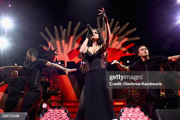 Singer Selena Gomez performs onstage during Q102's Jingle Ball 2015 presented by Capital One at Wells Fargo Center on December 9, 2015 in...