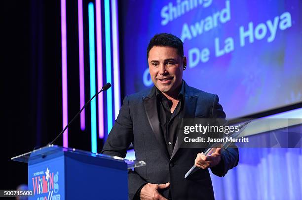 Former boxer Oscar Dela Hoya accepts the Shining Star Honoree Award onstage during Make-A-Wish Greater Los Angeles Honoring Oscar De La Hoya, Michael...