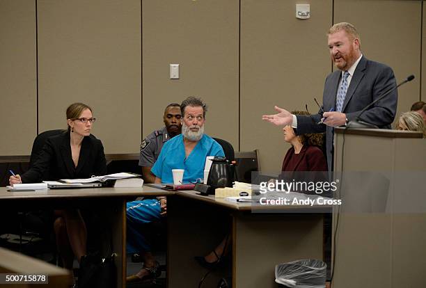 December 09: Robert Dear Jr. Glares at his attorney Daniel King during an outburst in court on December 09, 2015 where El Paso County prosecutors...