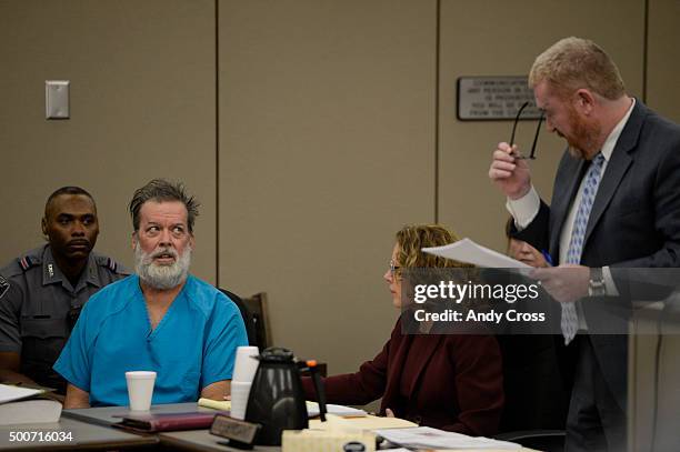 December 09: Robert Dear Jr. Glares at his attorney Daniel King during an outburst in court on December 09, 2015 where El Paso County prosecutors...