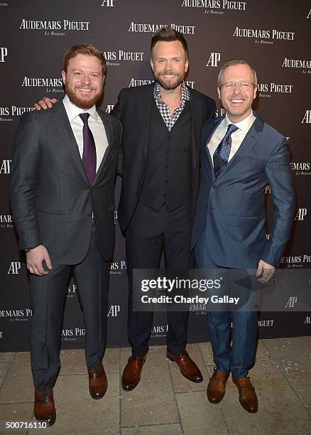 President of Westime Greg Simonian, actor Joel McHale, and Xavier Nolot, CEO of Audemars Piguet North America, attend the Opening of Audemars Piguet...