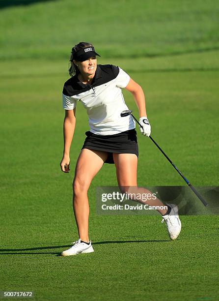 Camilla Lennarth of Sweden follows her second shot on the par 5, 10th hole during the second round of the 2015 Omega Dubai Ladies Masters on the...