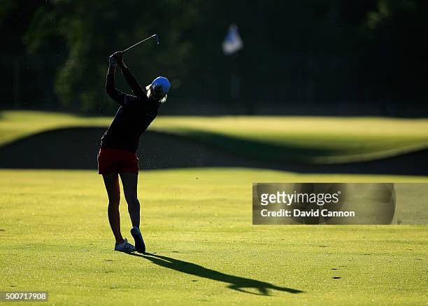 Melissa Reid of England plays her third shot on the par 5, 10th hole during the second round of the 2015 Omega Dubai Ladies Masters on the Majlis...
