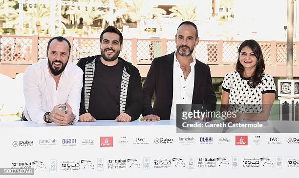 Actor Ali Suliman, director Majid Al Ansari, producer Rami Yasin and actress Ahd Kamel attend the Zinzana photocall during day two of the 12th annual...