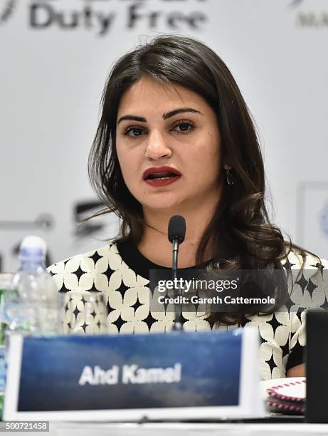 Actress Ahd Kamel attends the "Zinzana " press conference during day two of the 12th annual Dubai International Film Festival held at the Madinat...