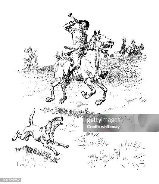 eighteenth century huntsman blowing his horn - yap stock illustrations