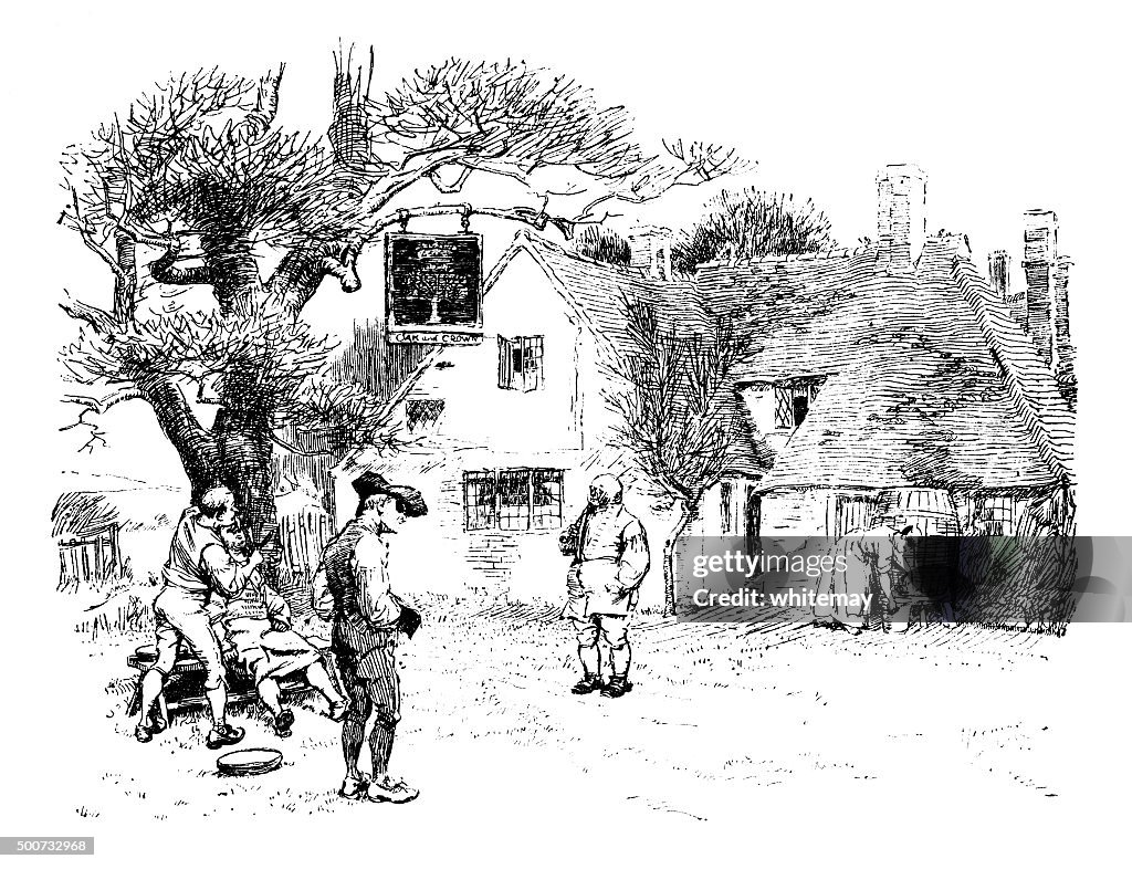 Eighteenth century people outside a rural inn