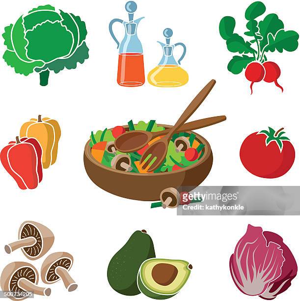 ilustraciones, imágenes clip art, dibujos animados e iconos de stock de ingredientes de ensalada - aliño para la ensalada