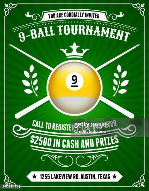 ilustraciones, imágenes clip art, dibujos animados e iconos de stock de torneo de billar invitación sobre fondo verde - billar deporte de taco