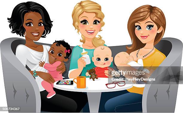 moms feeding their babies - baby group stock illustrations