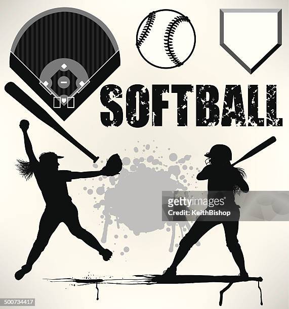 stockillustraties, clipart, cartoons en iconen met softball team elements, pitcher, batter, ball, field - softball