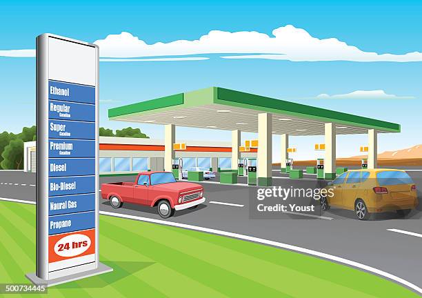 stockillustraties, clipart, cartoons en iconen met refueling station with gas prices sign - biobrandstof