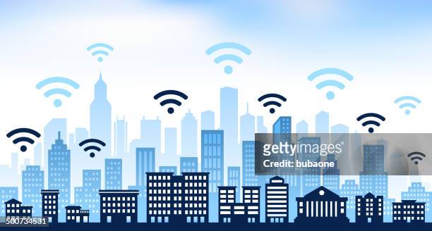 wi -fi 、パノラマに広がる街のスカイラインの背景 - ブルートゥース点のイラスト素材／クリップアート素材／マンガ素材／アイコン素材