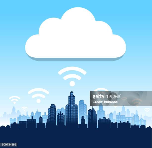 stockillustraties, clipart, cartoons en iconen met panoramic city skyline wi-fi and cloud - wegcode