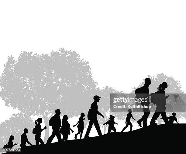 stockillustraties, clipart, cartoons en iconen met hikers or group of people at city park background - racewalking