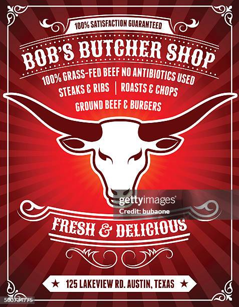 butcher-shop-poster auf rotem hintergrund - fillet stock-grafiken, -clipart, -cartoons und -symbole