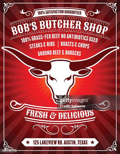 bildbanksillustrationer, clip art samt tecknat material och ikoner med butcher shop poster on red background - filet mignon